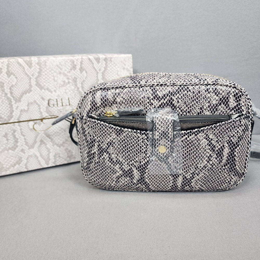 GILI Camera Bag Grey Snake Embossed‎ Leather Crossbody Womens Small